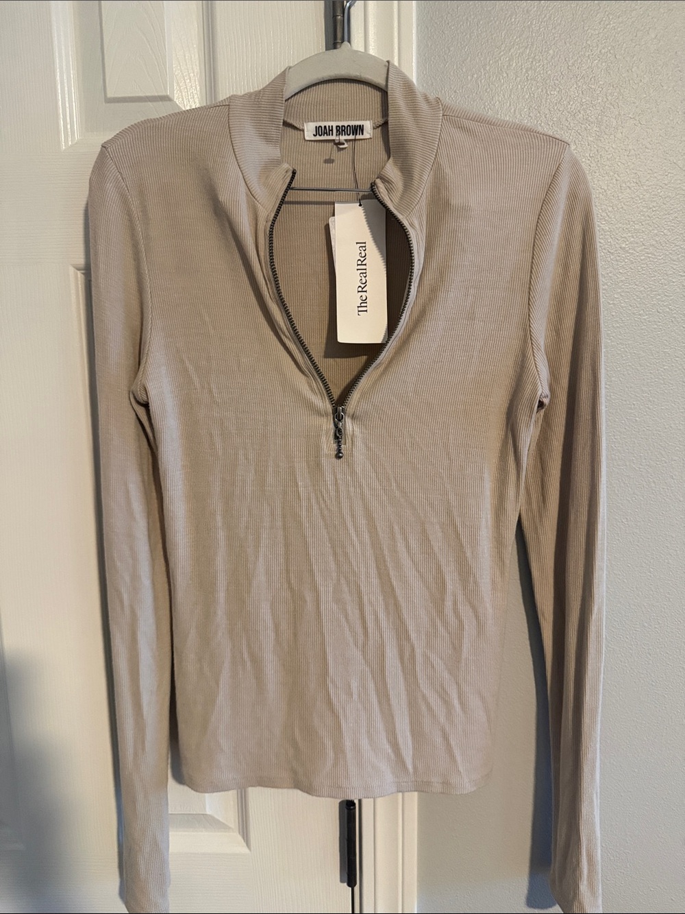 Joah Brown Taupe Long Sleeve Half-Zip Ribbed Top